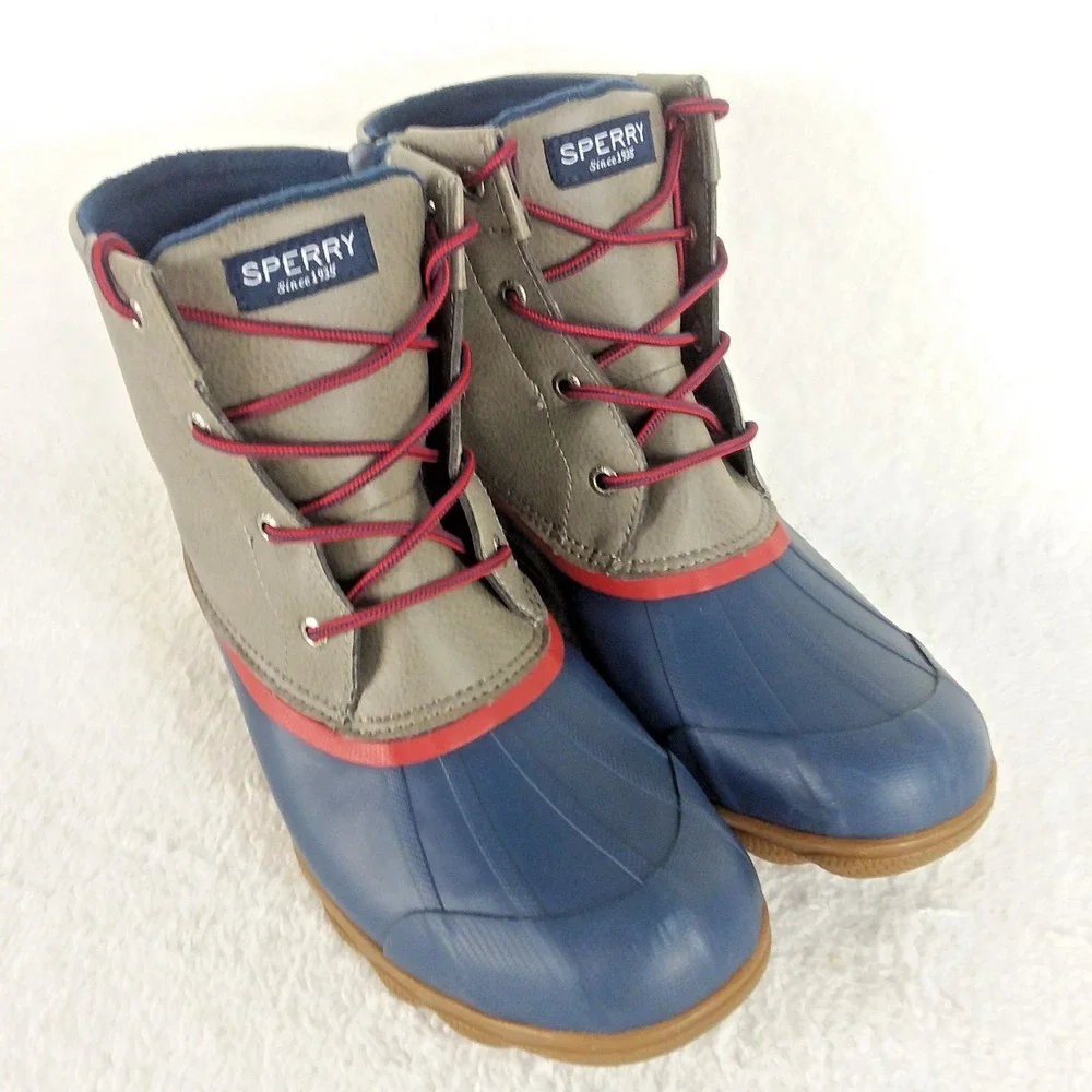 Sperry Syren Gulf Duck Rain Boots Ankle Zip Navy‎ Red Gray Women's 8 Winter Rain